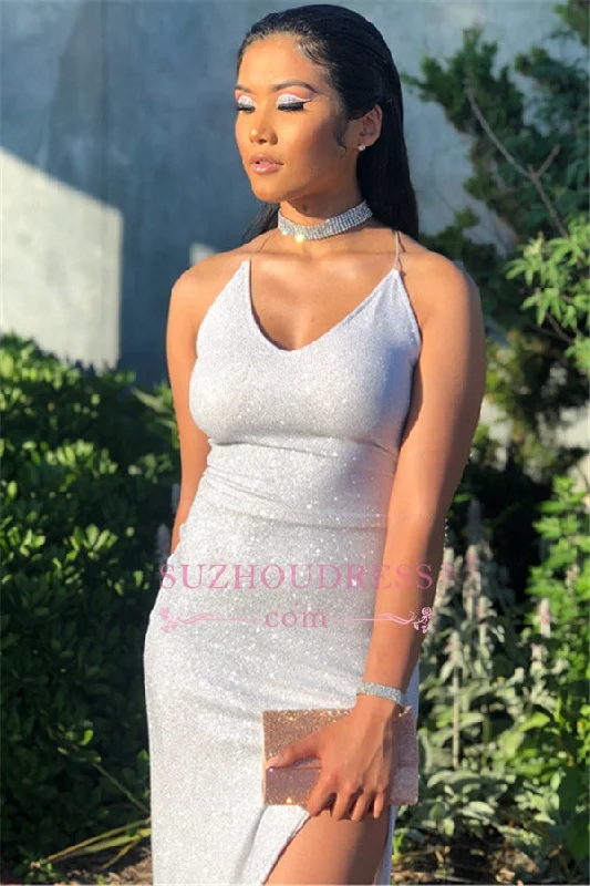 Sexy Sleeveless Halter Sequins Long Evening Gown | Cross Straps Front Split Mermaid Prom Dresses Sexy Sleeveless Halter Sequins Long Evening Gown | Cross Straps Front Split Mermaid Prom Dresses