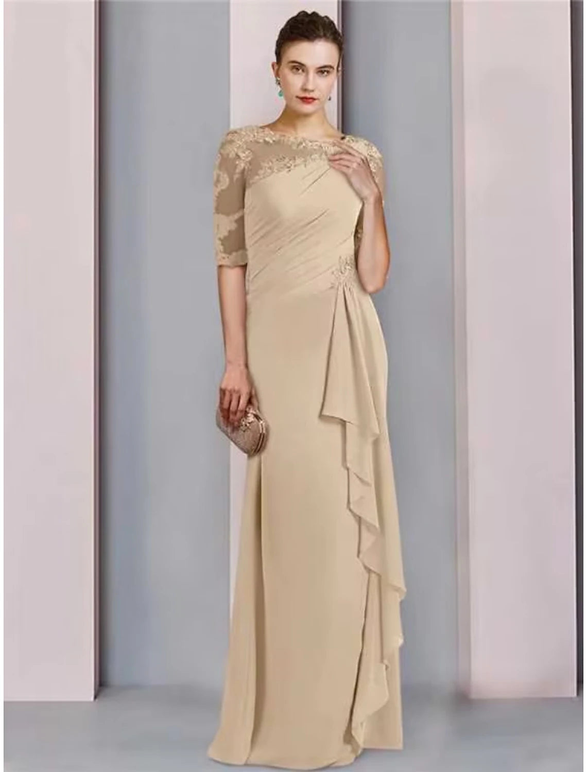 Sheath / Column Mother of the Bride Dress Wedding Guest Elegant Scoop Neck Floor Length Chiffon Half Sleeve with Lace Ruffles Ruching Sheath / Column Mother of the Bride Dress Wedding Guest Elegant Scoop Neck Floor Length Chiffon Half Sleeve with Lace Ruffles Ruching