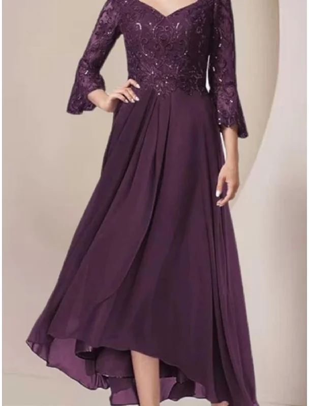 A-Line Mother of the Bride Dress Wedding Guest Elegant V Neck Asymmetrical Ankle Length Chiffon Lace 3/4 Length Sleeve with Pleats Sequin Solid Color A-Line Mother of the Bride Dress Wedding Guest Elegant V Neck Asymmetrical Ankle Length Chiffon Lace 3/4 Length Sleeve with Pleats Sequin Solid Color