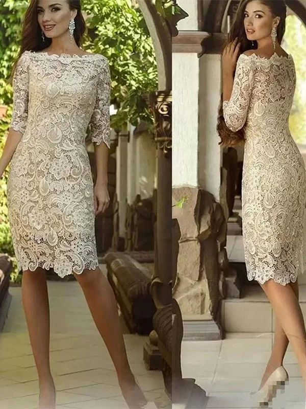 Sheath/Column Lace Applique Off-the-Shoulder 3/4 Sleeves Knee-Length Mother of the Bride Dresses Sheath/Column Lace Applique Off-the-Shoulder 3/4 Sleeves Knee-Length Mother of the Bride Dresses