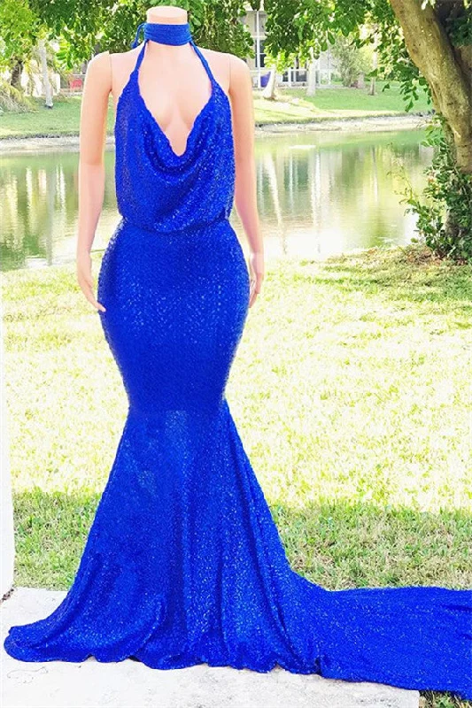 Elegant Halter Sleeveless Mermaid Prom Dresses | Sequins Royal Blue  Evening Gown