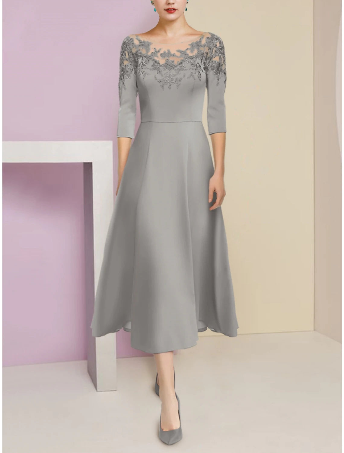 A-Line Mother of the Bride Dress Wedding Guest Elegant Scoop Neck Tea Length Stretch Chiffon Half Sleeve with Lace Ruching Solid Color A-Line Mother of the Bride Dress Wedding Guest Elegant Scoop Neck Tea Length Stretch Chiffon Half Sleeve with Lace Ruching Solid Color