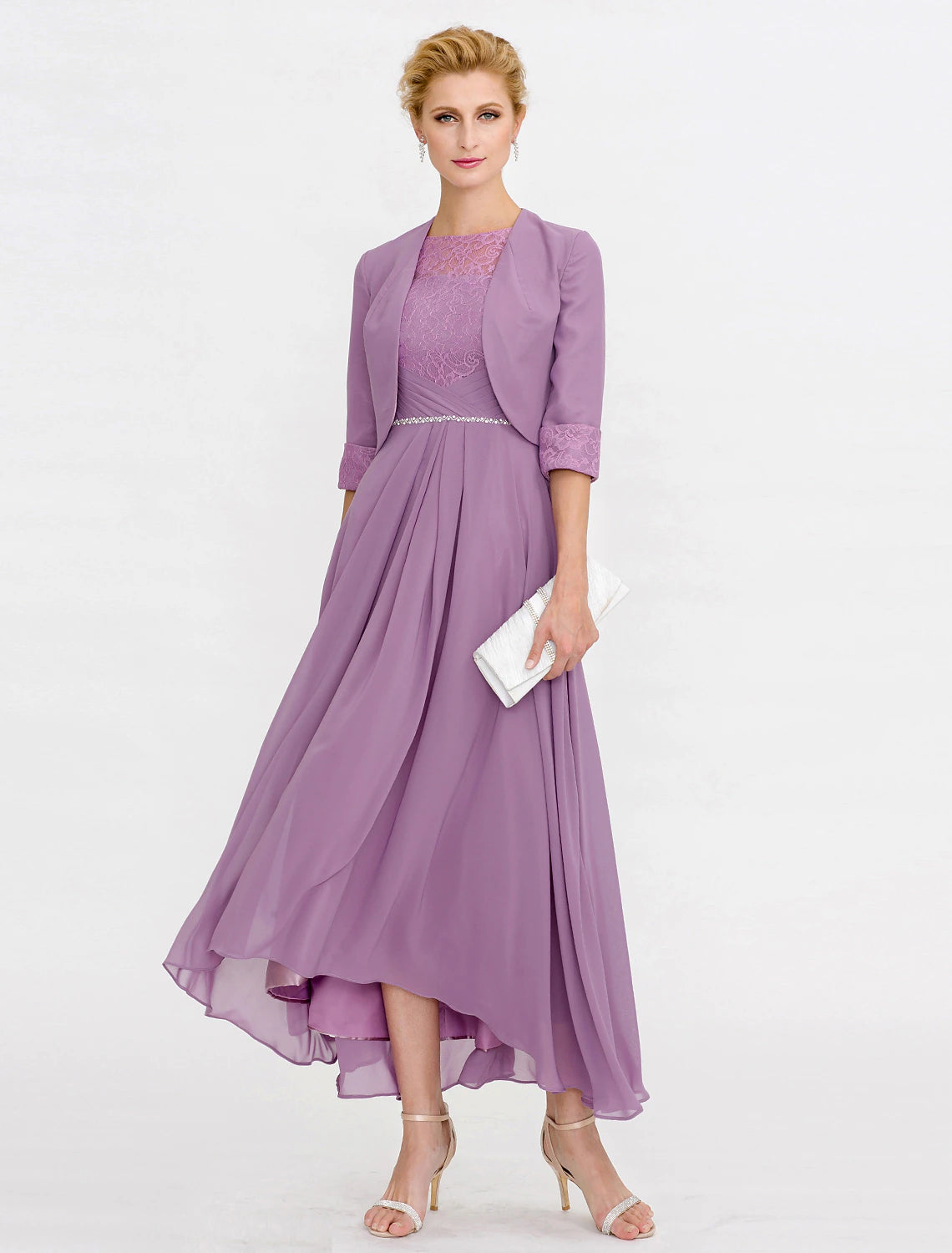 Two Piece Ball Gown A-Line Mother of the Bride Dress Formal Church Convertible Dress High Low See Through Illusion Neck Asymmetrical Chiffon Lace 3/4 Length Sleeve with Crystals Two Piece Ball Gown A-Line Mother of the Bride Dress Formal Church Convertible Dress High Low See Through Illusion Neck Asymmetrical Chiffon Lace 3/4 Length Sleeve with Crystals