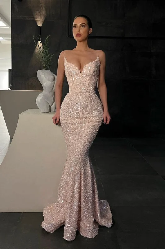 New Arrival Spaghetti-Straps Sequins Evening Prom Dresses Mermaid Sleeveless