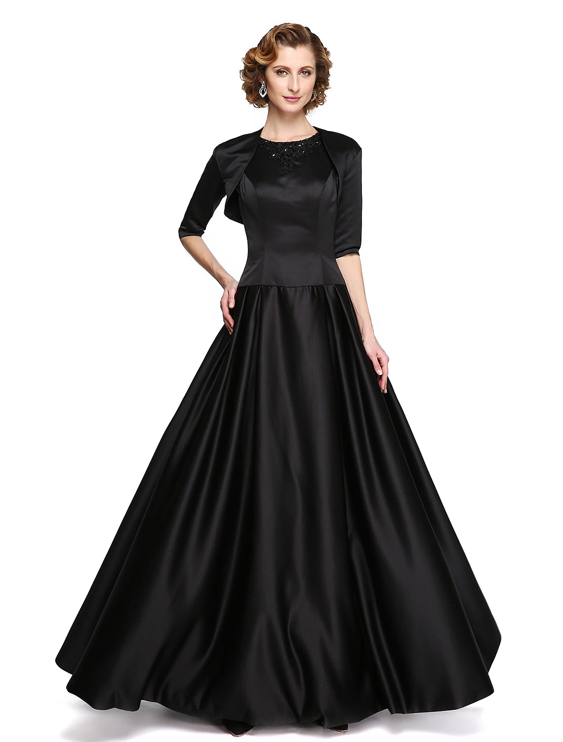 A-Line Jewel Neck Floor Length Stretch Satin Mother of the Bride Dress with Beading / Appliques / Draping A-Line Jewel Neck Floor Length Stretch Satin Mother of the Bride Dress with Beading / Appliques / Draping