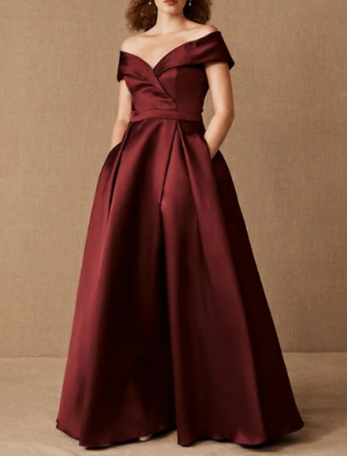 A-Line Plus Size Prom Formal Evening Dress Off Shoulder Short Sleeve Floor Length Satin with Pleats Ruched A-Line Plus Size Prom Formal Evening Dress Off Shoulder Short Sleeve Floor Length Satin with Pleats Ruched