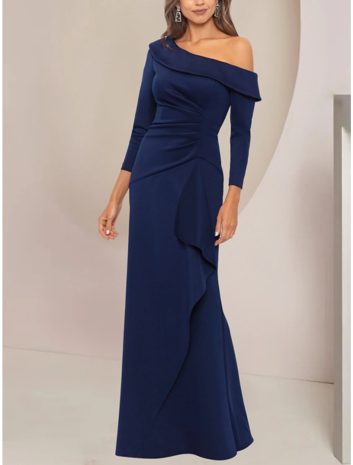 A-Line Mother of the Bride Dress Wedding Guest Party Elegant Off Shoulder Floor Length Stretch Fabric Long Sleeve with Ruffles Ruching Solid Color A-Line Mother of the Bride Dress Wedding Guest Party Elegant Off Shoulder Floor Length Stretch Fabric Long Sleeve with Ruffles Ruching Solid Color