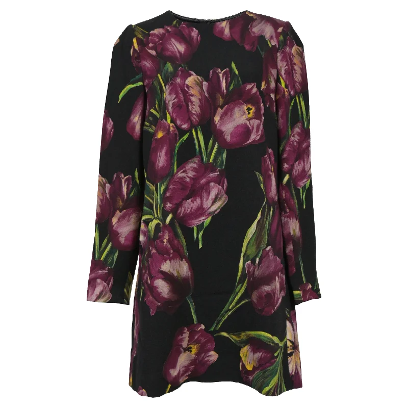 Dolce & Gabbana Mini Tulip Printed Shift Dress in Black Viscose