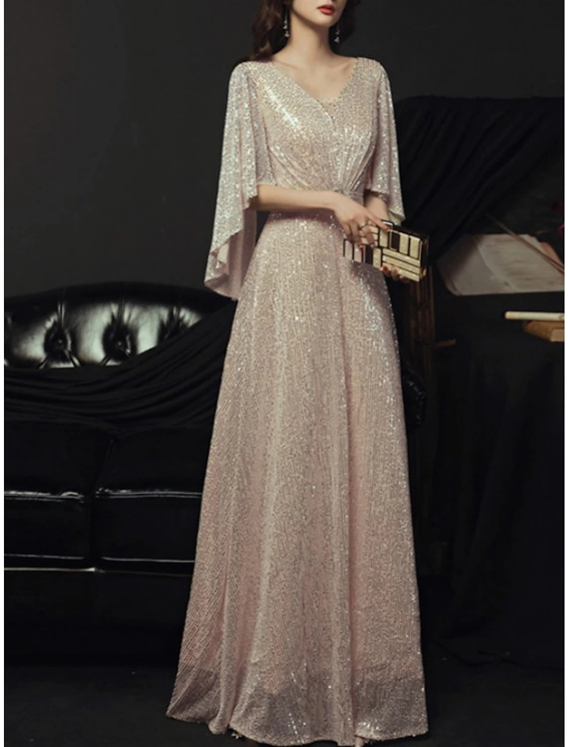 Sheath / Column Mother of the Bride Dress Elegant Sparkle & Shine Petite V Neck Floor Length Sequined Half Sleeve with Pleats Crystal Brooch Sheath / Column Mother of the Bride Dress Elegant Sparkle & Shine Petite V Neck Floor Length Sequined Half Sleeve with Pleats Crystal Brooch