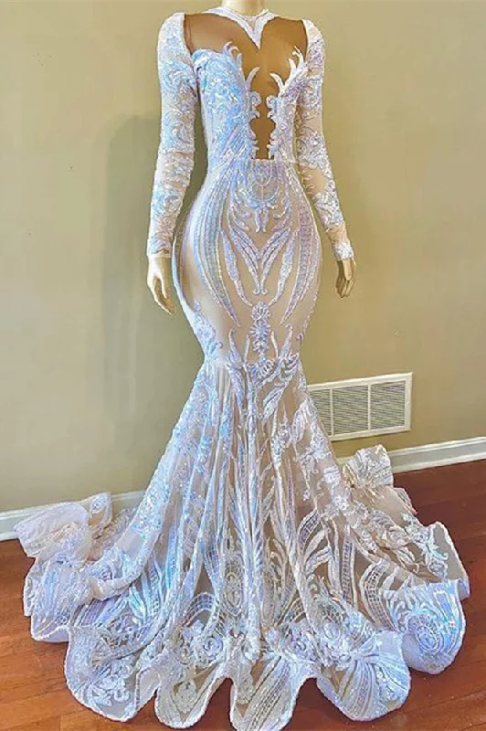Classy V-neck Sequins Long Sleeve Floor-length Mermaid Prom Dresses