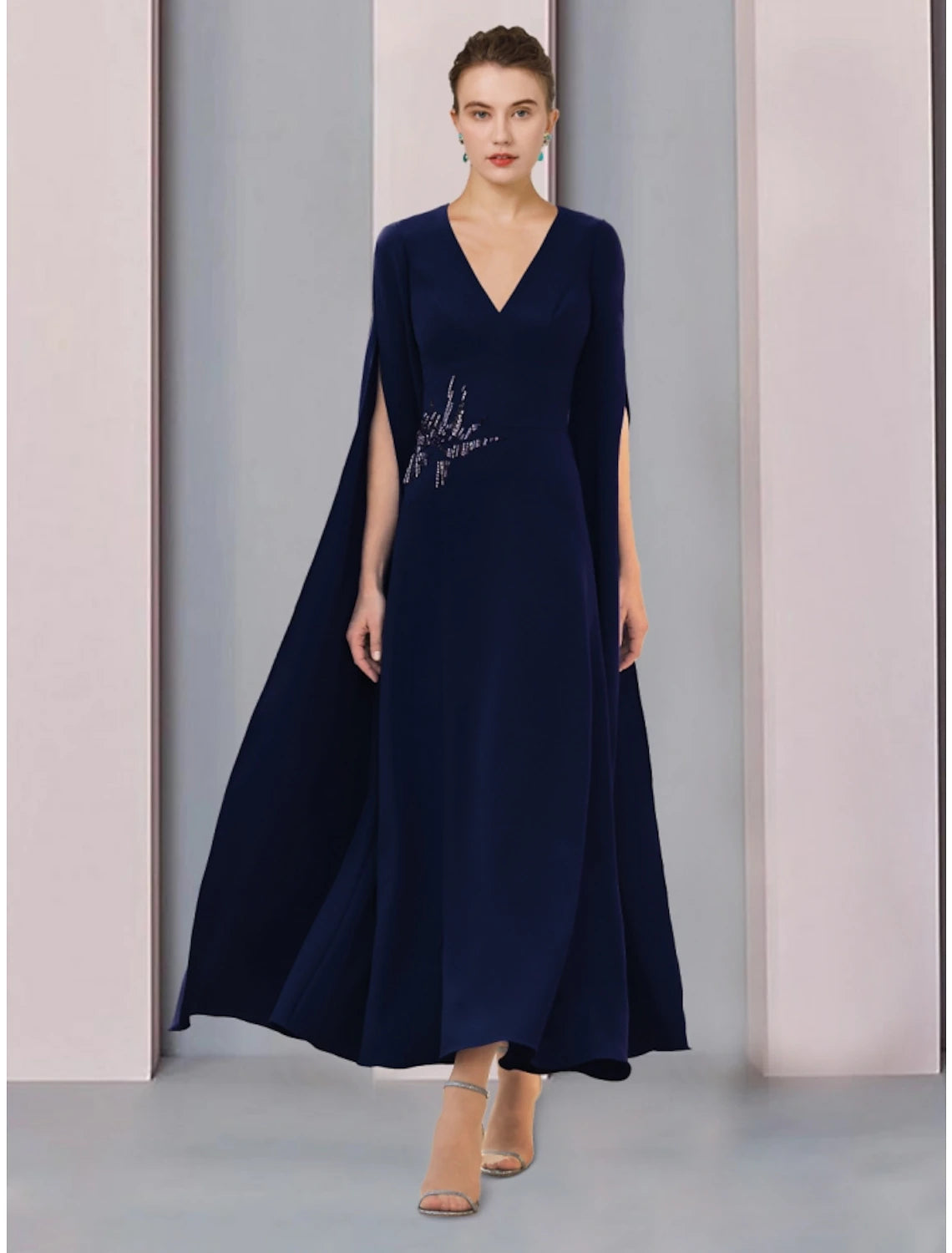 A-Line Mother of the Bride Dress Wedding Guest Elegant V Neck Ankle Length Stretch Chiffon Half Sleeve with Sequin Ruching Solid Color A-Line Mother of the Bride Dress Wedding Guest Elegant V Neck Ankle Length Stretch Chiffon Half Sleeve with Sequin Ruching Solid Color