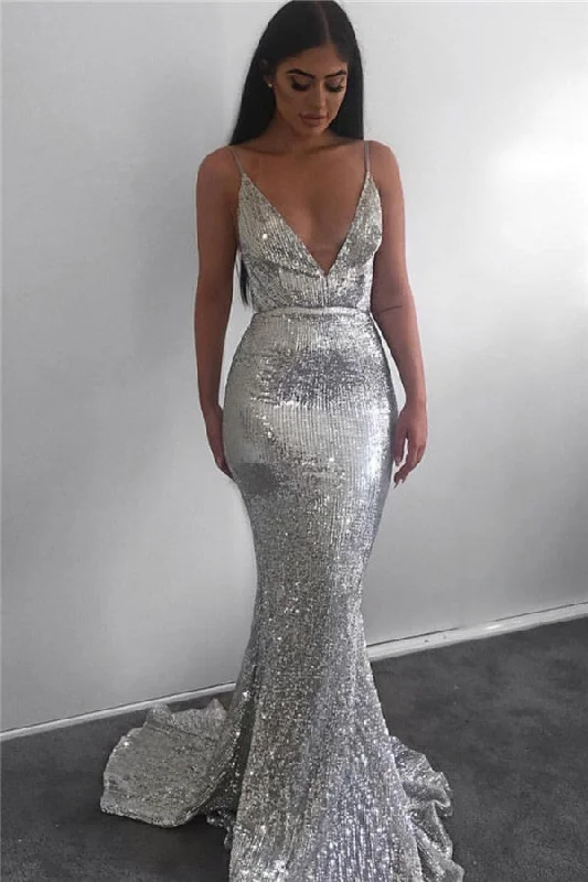 Spaghetti Straps Silver Sequins Sexy Evening Dresses | V-neck Mermaid Formal Prom Dresses BC0851 Spaghetti Straps Silver Sequins Sexy Evening Dresses | V-neck Mermaid Formal Prom Dresses BC0851