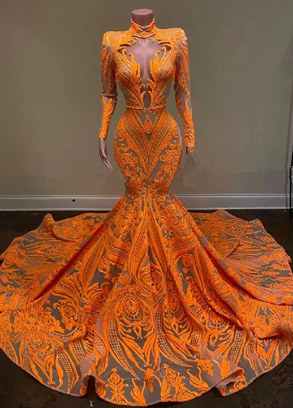Gorgeous Long Sleeve Orange Mermaid Prom Dress Sequins Lace