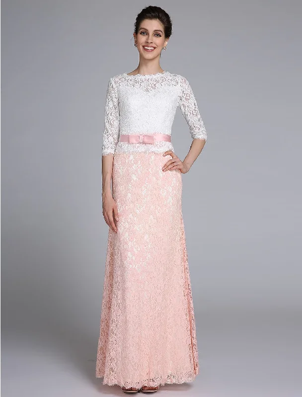 Mermaid / Trumpet Mother of the Bride Dress Color Block Jewel Neck Floor Length Lace Half Sleeve No with Sash / Ribbon Mermaid / Trumpet Mother of the Bride Dress Color Block Jewel Neck Floor Length Lace Half Sleeve No with Sash / Ribbon