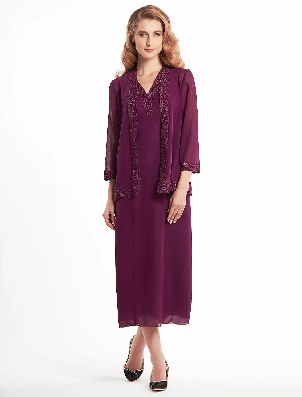 Sheath / Column Mother of the Bride Dress Convertible Dress V Neck Tea Length Chiffon 3/4 Length Sleeve with Lace Sheath / Column Mother of the Bride Dress Convertible Dress V Neck Tea Length Chiffon 3/4 Length Sleeve with Lace