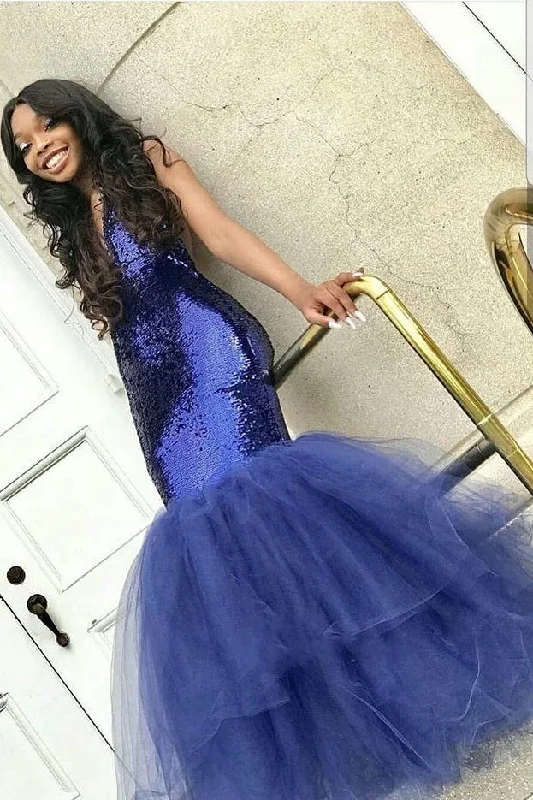 Sexy Mermaid Sequins Prom Dresses |  Tulle Sleeveless V-Neck Evening Dresses