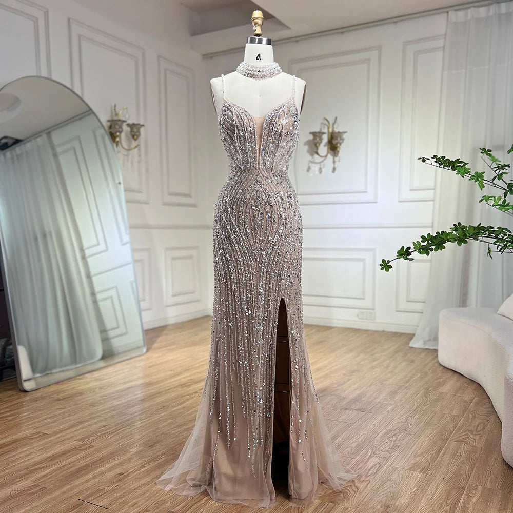 Serene Hill Silver Nude Mermaid Spaghetti with split Strap Beaded Evening Dresses Prom Gowns For Woman Party 2024 LA72047B Serene Hill Silver Nude Mermaid Spaghetti with split Strap Beaded Evening Dresses Prom Gowns For Woman Party 2024 LA72047B