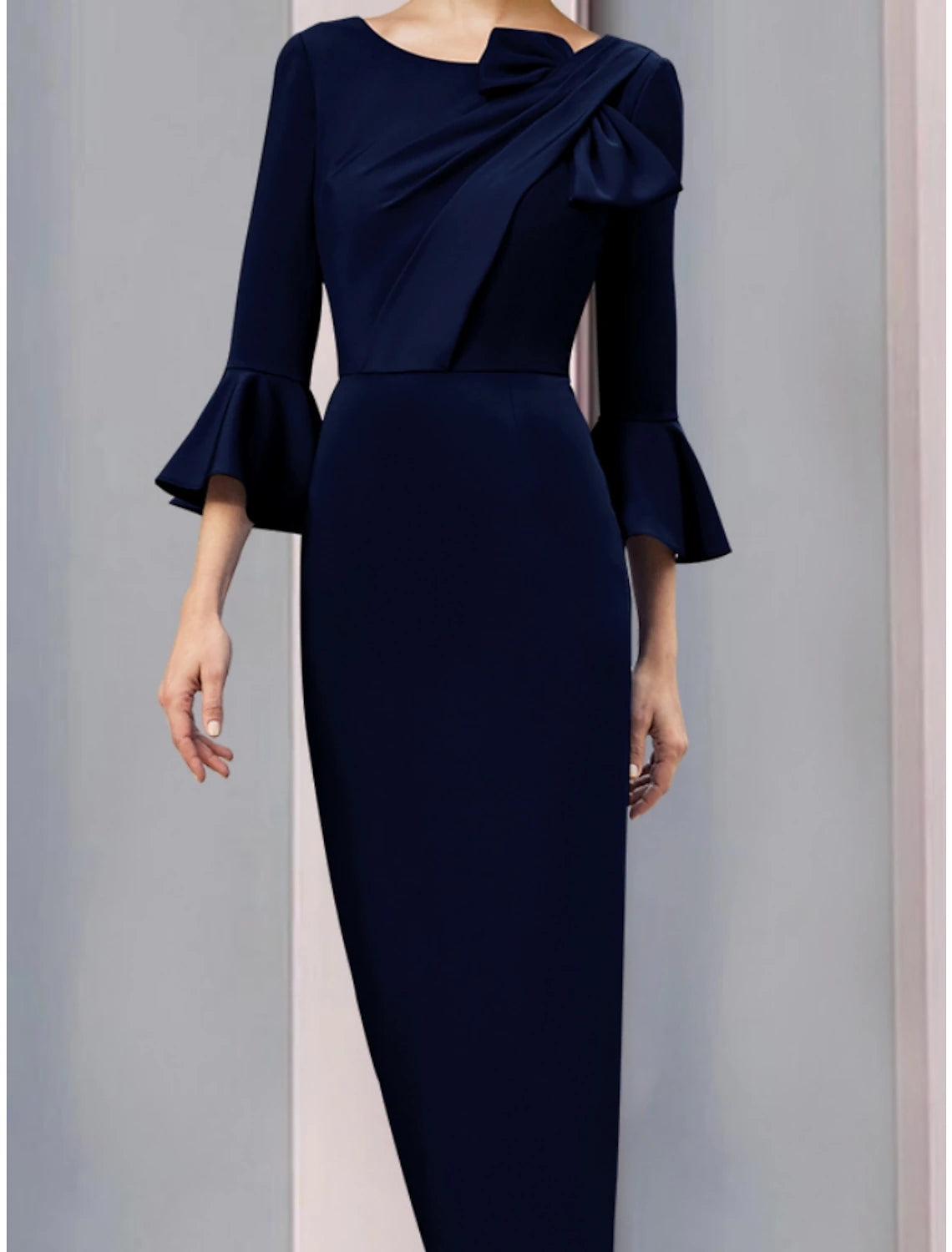 A-Line Mother of the Bride Dress Wedding Guest Elegant Scoop Neck Ankle Length Stretch Fabric 3/4 Length Sleeve with Bow(s) Ruching Solid Color A-Line Mother of the Bride Dress Wedding Guest Elegant Scoop Neck Ankle Length Stretch Fabric 3/4 Length Sleeve with Bow(s) Ruching Solid Color