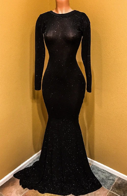 Open Back Black Long Sleeve Prom Dress | Sequins Sheath Evening Dress with Long Train Open Back Black Long Sleeve Prom Dress | Sequins Sheath Evening Dress with Long Train