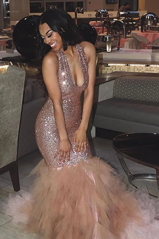 Sexy Champagne Sequins Prom Dresses | Mermaid Halter  Evening Gowns Long