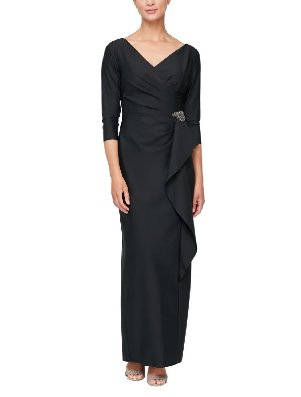 Sheath / Column Mother of the Bride Dress Formal Wedding Guest Party Elegant Scoop Neck Ankle Length Taffeta 3/4 Length Sleeve with Ruched Crystal Brooch Sheath / Column Mother of the Bride Dress Formal Wedding Guest Party Elegant Scoop Neck Ankle Length Taffeta 3/4 Length Sleeve with Ruched Crystal Brooch