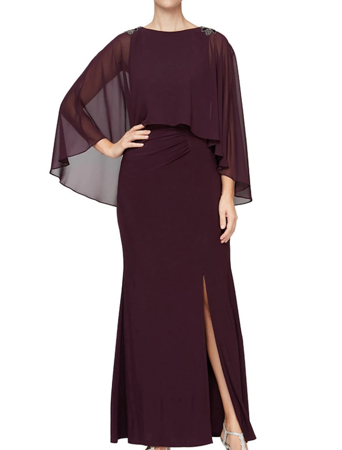A-Line Mother of the Bride Dress Wedding Guest Elegant Jewel Neck Ankle Length Chiffon Long Sleeve with Sequin Split Front Ruching A-Line Mother of the Bride Dress Wedding Guest Elegant Jewel Neck Ankle Length Chiffon Long Sleeve with Sequin Split Front Ruching