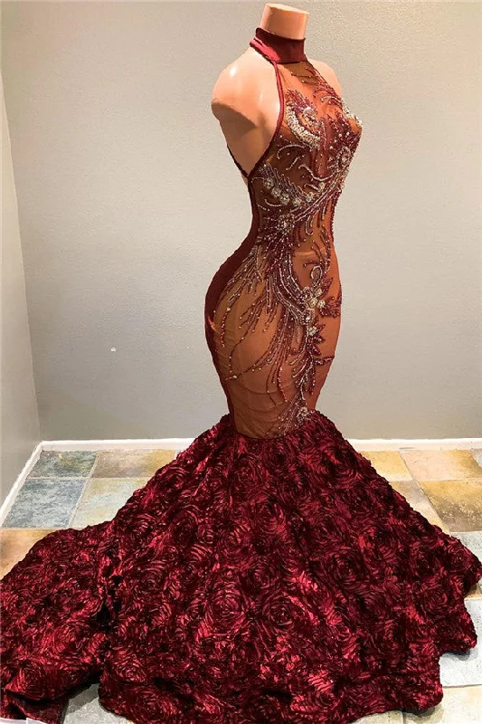 Halter Mermaid Flowers Burgundy Prom Dresses | Full Beads Sequins Luxury Evening Dress bc1634 Halter Mermaid Flowers Burgundy Prom Dresses | Full Beads Sequins Luxury Evening Dress bc1634