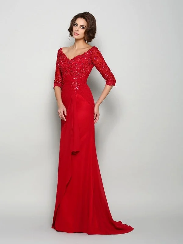 A-Line/Princess V-neck Beading 1/2 Sleeves Applique Long Chiffon Mother of the Bride Dresses A-Line/Princess V-neck Beading 1/2 Sleeves Applique Long Chiffon Mother of the Bride Dresses