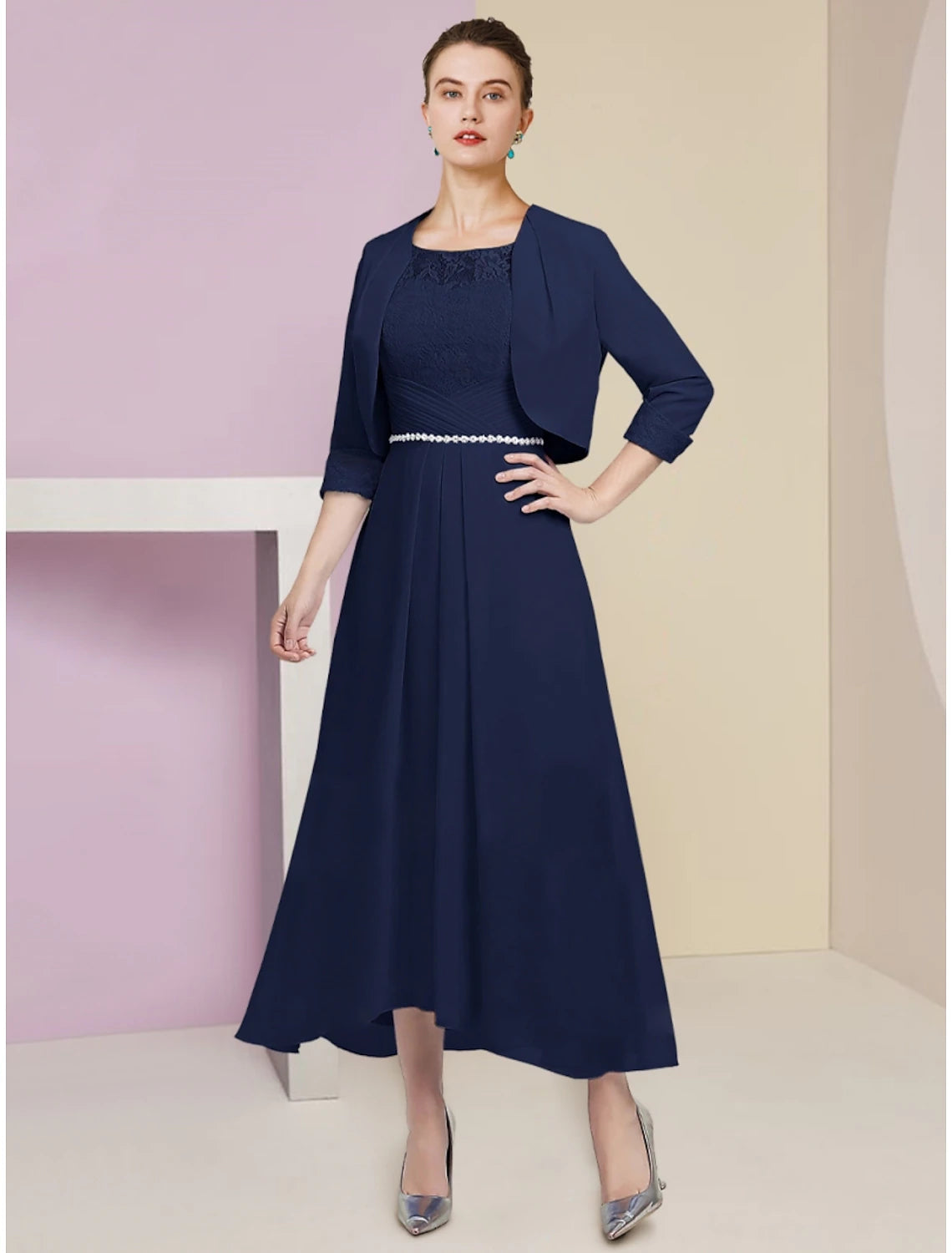 A-Line Mother of the Bride Dress Wedding Guest Elegant Scoop Neck Ankle Length Stretch Chiffon Half Sleeve with Crystals Ruching A-Line Mother of the Bride Dress Wedding Guest Elegant Scoop Neck Ankle Length Stretch Chiffon Half Sleeve with Crystals Ruching