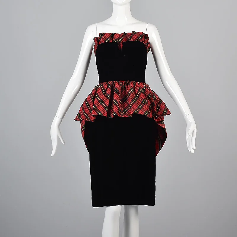 Victor Costa Black Velvet Pencil Dress with Red Tartan Plaid Peplum