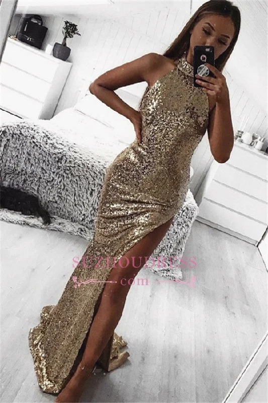 Sexy High Neck Gold Sequins Mermaid Prom Dresses | Sleeveless Side Split Evening Gowns Sexy High Neck Gold Sequins Mermaid Prom Dresses | Sleeveless Side Split Evening Gowns
