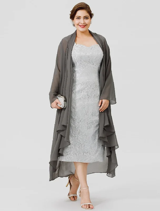 Sheath / Column Mother of the Bride Dress Formal Elegant & Luxurious Plus Size Convertible Dress Straps Tea Length Chiffon All Over Lace Sleeveless yes with Lace Sheath / Column Mother of the Bride Dress Formal Elegant & Luxurious Plus Size Convertible Dress Straps Tea Length Chiffon All Over Lace Sleeveless yes with Lace