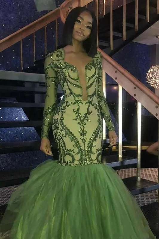 Green Sequins Prom Dresses  | Sexy Mermaid Long-Sleeves Evening Gowns
