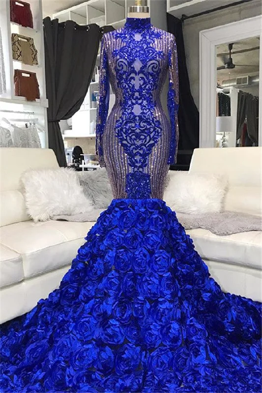 Shiny Sequins Blue Flowers Mermaid Prom Dresses | Appliques High Neck Long Sleeve Evening Gowns Shiny Sequins Blue Flowers Mermaid Prom Dresses | Appliques High Neck Long Sleeve Evening Gowns