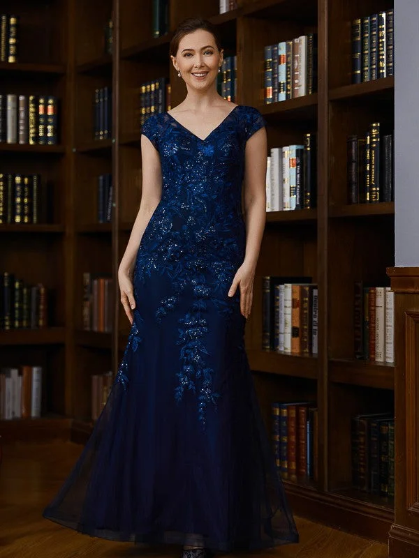 Sheath/Column Tulle Applique V-neck Short Sleeves Floor-Length Mother of the Bride Dresses Sheath/Column Tulle Applique V-neck Short Sleeves Floor-Length Mother of the Bride Dresses