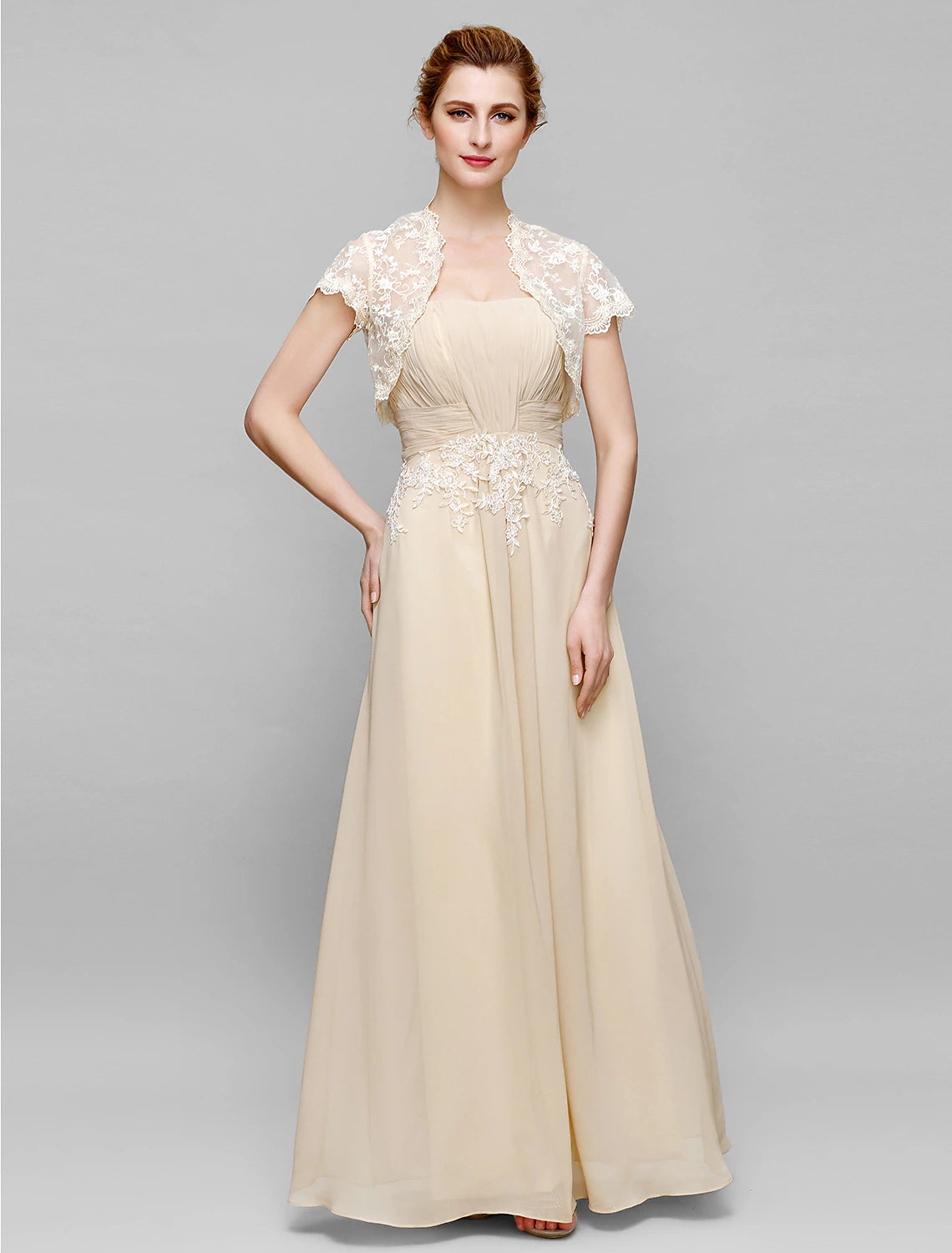 Sheath / Column Mother of the Bride Dress Lace Up Strapless Ankle Length Chiffon Lace Short Sleeve No with Lace Ruched Draping Sheath / Column Mother of the Bride Dress Lace Up Strapless Ankle Length Chiffon Lace Short Sleeve No with Lace Ruched Draping