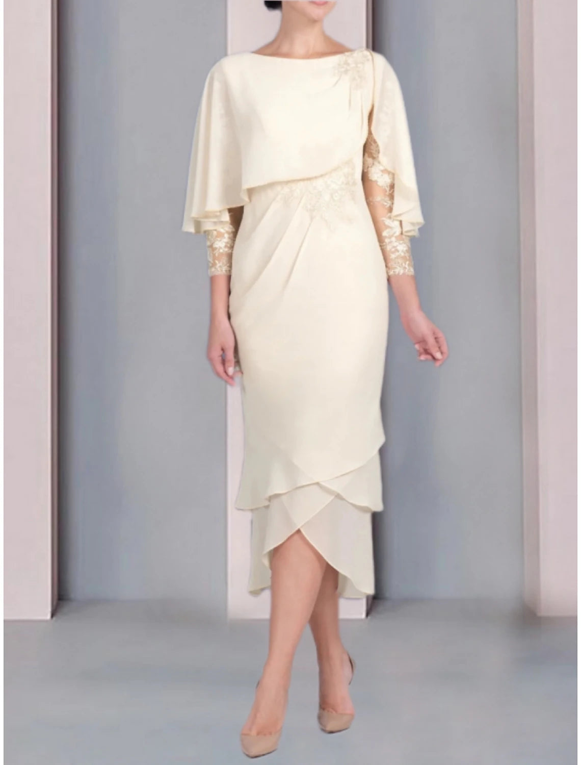 Sheath / Column Mother of the Bride Dress Wedding Guest Elegant Petite Scoop Neck Tea Length Chiffon 3/4 Length Sleeve with Lace Tier Appliques Sheath / Column Mother of the Bride Dress Wedding Guest Elegant Petite Scoop Neck Tea Length Chiffon 3/4 Length Sleeve with Lace Tier Appliques