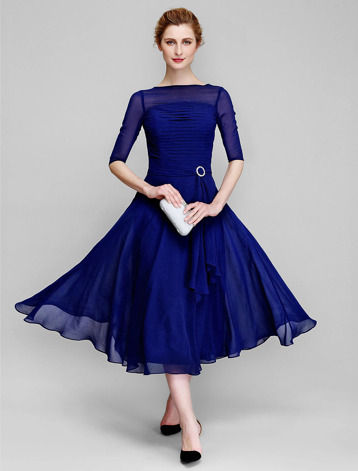 A-Line Mother of the Bride Dress Fall Wedding Guest Dresses Plus Size Elegant Bateau Neck Tea Length Chiffon Half Sleeve with Ruched A-Line Mother of the Bride Dress Fall Wedding Guest Dresses Plus Size Elegant Bateau Neck Tea Length Chiffon Half Sleeve with Ruched