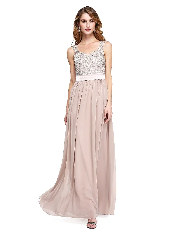 A-Line Mother of the Bride Dress Elegant Straps Floor Length Chiffon Sleeveless No with Sash / Ribbon Beading Appliques A-Line Mother of the Bride Dress Elegant Straps Floor Length Chiffon Sleeveless No with Sash / Ribbon Beading Appliques