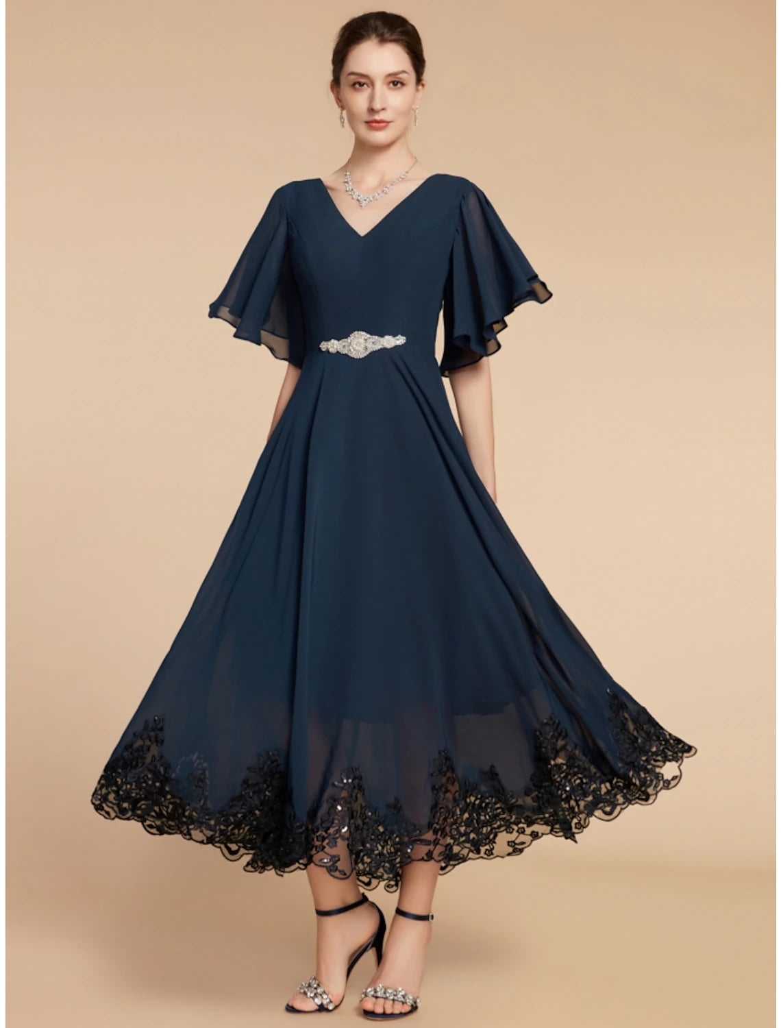 A-Line Mother of the Bride Dress Wedding Guest Elegant Vintage V Neck Ankle Length Chiffon Lace Short Sleeve with Crystal Brooch Ruching Solid Color A-Line Mother of the Bride Dress Wedding Guest Elegant Vintage V Neck Ankle Length Chiffon Lace Short Sleeve with Crystal Brooch Ruching Solid Color