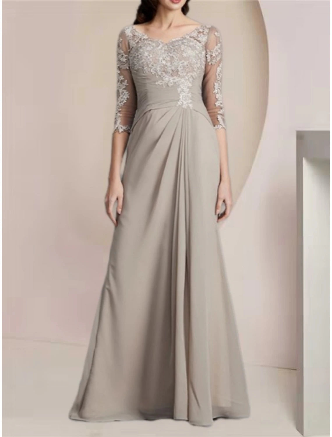 A-Line Mother of the Bride Dress Wedding Guest Elegant Scoop Neck Floor Length Chiffon Half Sleeve with Lace Ruching Solid Color A-Line Mother of the Bride Dress Wedding Guest Elegant Scoop Neck Floor Length Chiffon Half Sleeve with Lace Ruching Solid Color