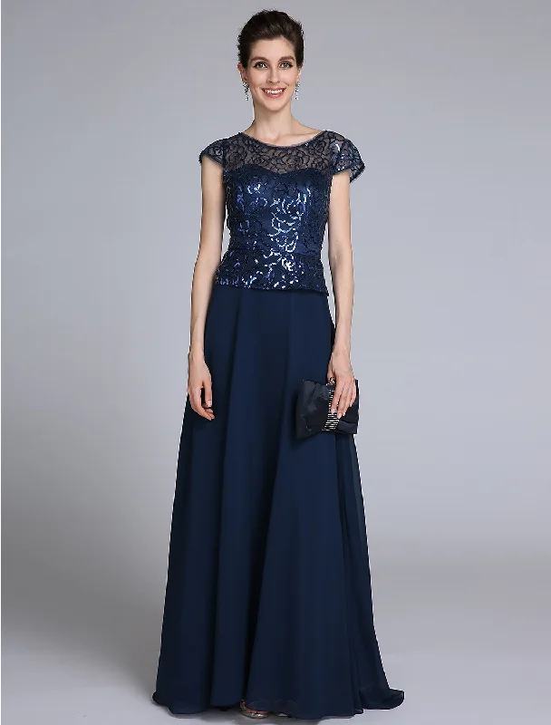 Sheath / Column Mother of the Bride Dress Sparkle & Shine Scoop Neck Floor Length Chiffon Short Sleeve No with Sequin Sheath / Column Mother of the Bride Dress Sparkle & Shine Scoop Neck Floor Length Chiffon Short Sleeve No with Sequin