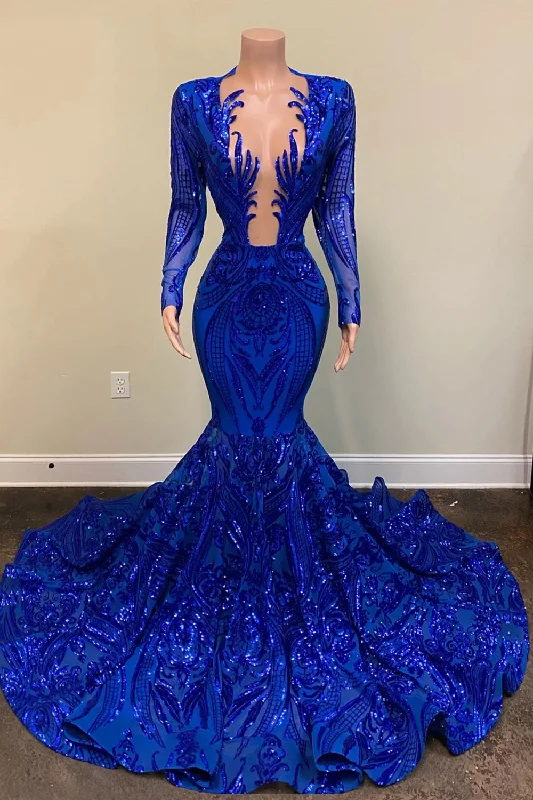 Gorgeous Royal Blue Long Sleeves Prom Dress Mermaid Sequins Flowers Bottom