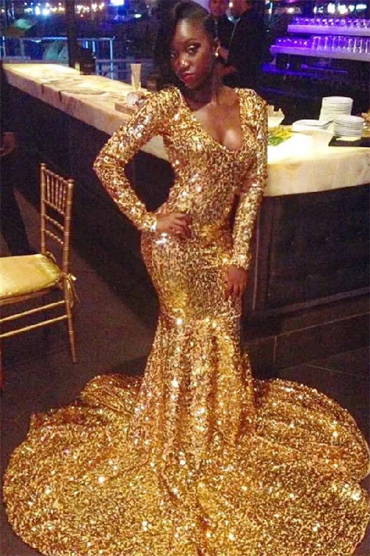 Fashion V-neck Gold Long Sleeves Mermaid Prom Dresses | Sequins Sweep Train Evening Gown BC1303 Fashion V-neck Gold Long Sleeves Mermaid Prom Dresses | Sequins Sweep Train Evening Gown BC1303