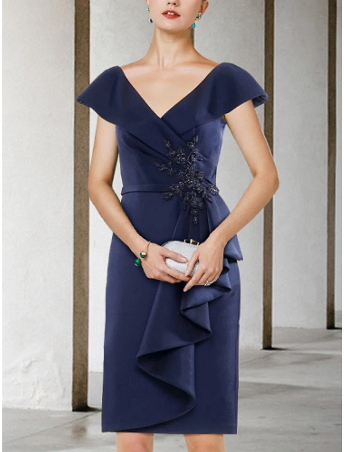 A-Line Mother of the Bride Dress Wedding Guest Petite V Neck Short / Mini Stretch Chiffon Short Sleeve with Beading Split Front Ruching A-Line Mother of the Bride Dress Wedding Guest Petite V Neck Short / Mini Stretch Chiffon Short Sleeve with Beading Split Front Ruching