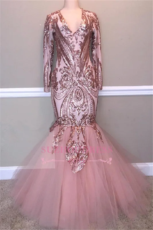 Sexy V-Neck Mermaid Prom Dresses |  Long-Sleeves Tulle Sequins Evening Dresses