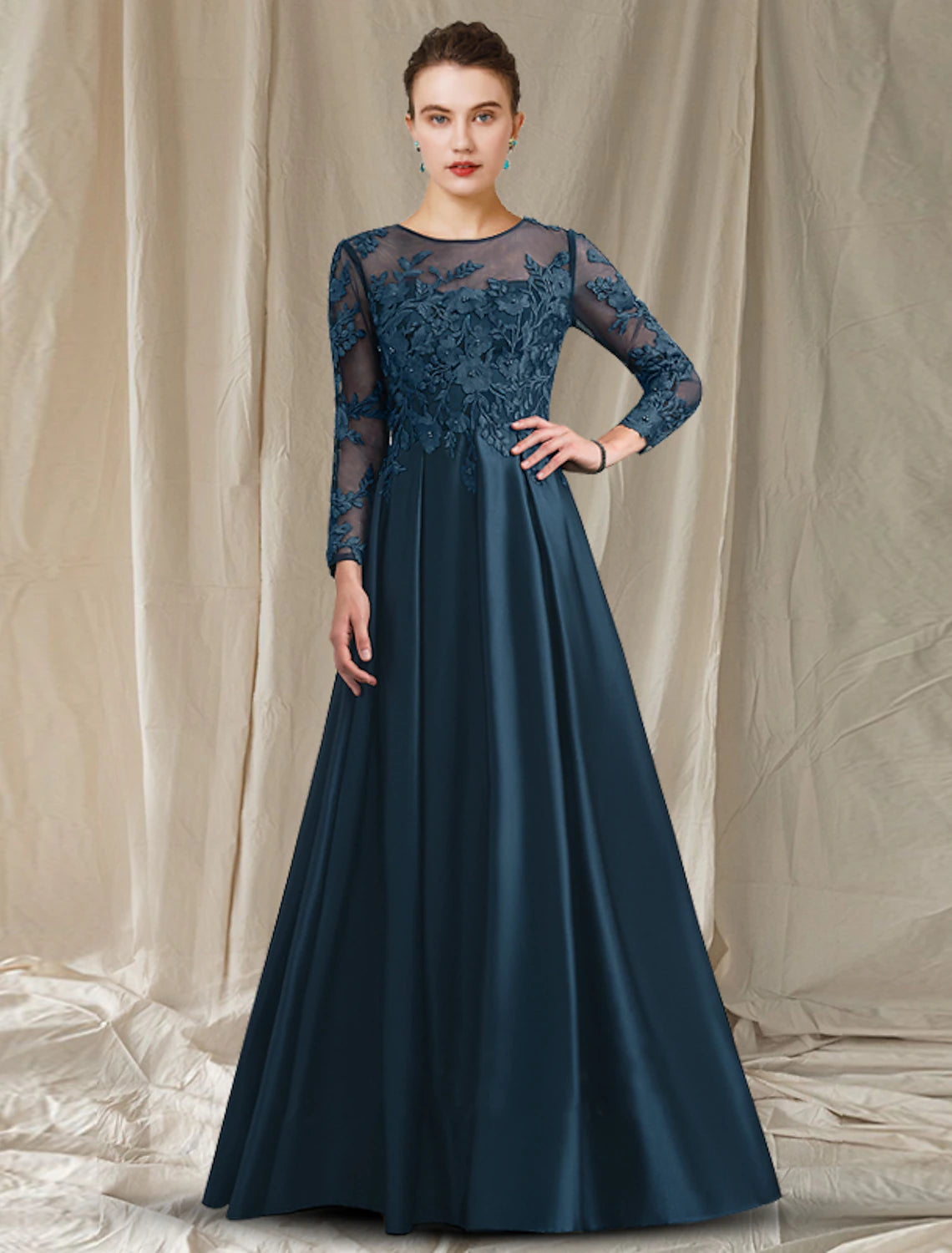 A-Line Mother of the Bride Dress Elegant Jewel Neck Tea Length Satin Lace Half Sleeve with Pleats Appliques A-Line Mother of the Bride Dress Elegant Jewel Neck Tea Length Satin Lace Half Sleeve with Pleats Appliques