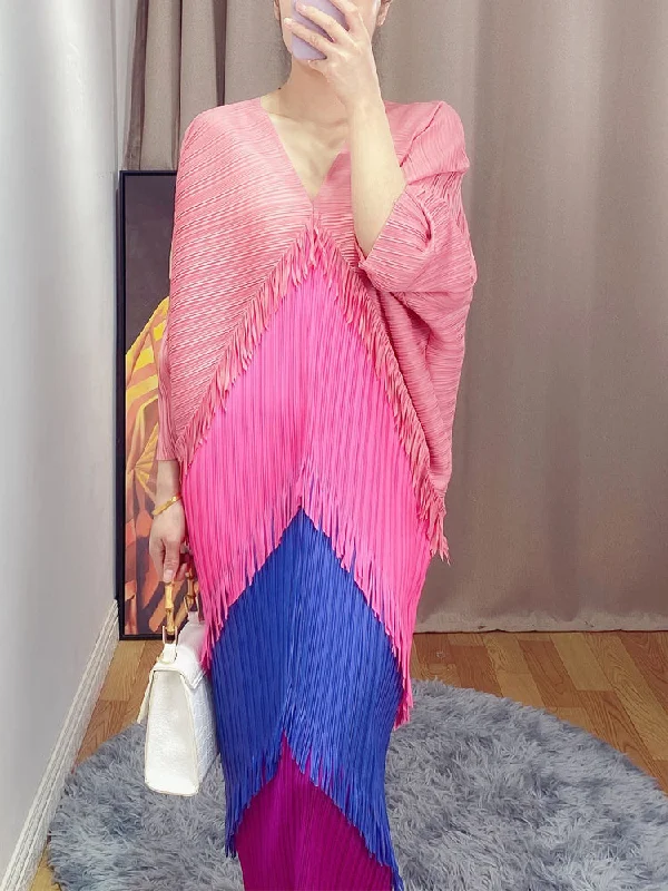 Wjczt 2022 spring and summer new women's tassel dress Miyak fold Fashion large size loose color matching and thin mid-length dress Wjczt 2022 spring and summer new women's tassel dress Miyak fold Fashion large size loose color matching and thin mid-length dress