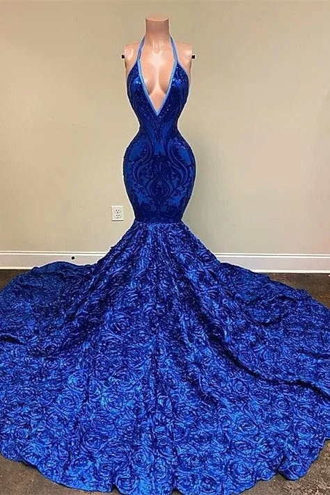 Dignified Blue Halter V-neck Sequins Split Front Sleeveless Floor-length Mermaid Prom Dresses Dignified Blue Halter V-neck Sequins Split Front Sleeveless Floor-length Mermaid Prom Dresses