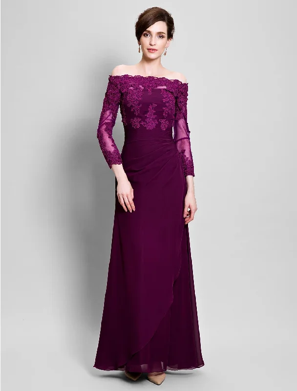 Sheath / Column Mother of the Bride Dress Off Shoulder Floor Length Chiffon Tulle No with Ruched Appliques Side Draping Sheath / Column Mother of the Bride Dress Off Shoulder Floor Length Chiffon Tulle No with Ruched Appliques Side Draping